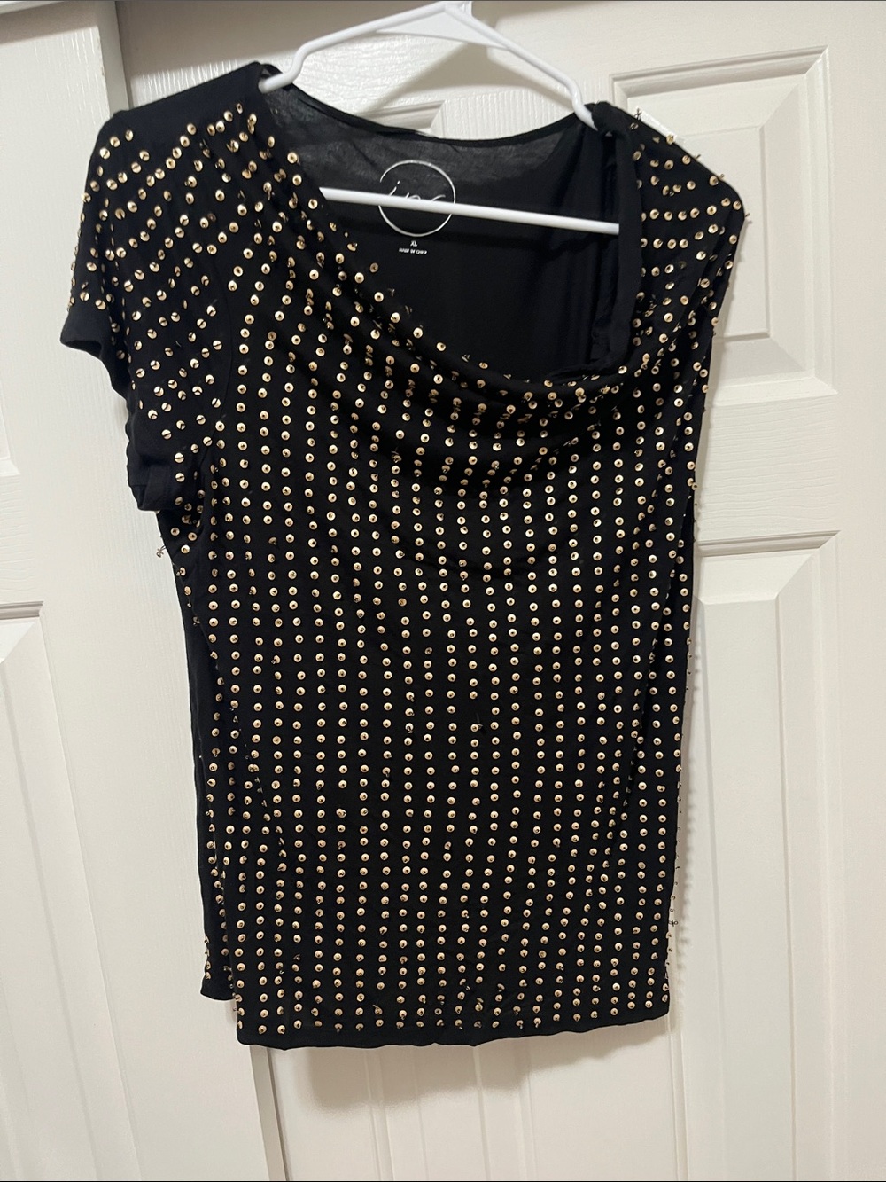 INC International Concepts Black Short Sleeve Top with Gold Studs